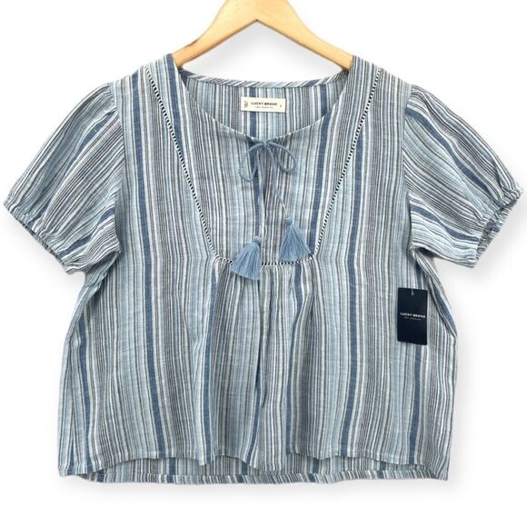 -Lucky Brand Women's Striped Tassel Short Sleeve Shirt NWT - Picture 1 of 8